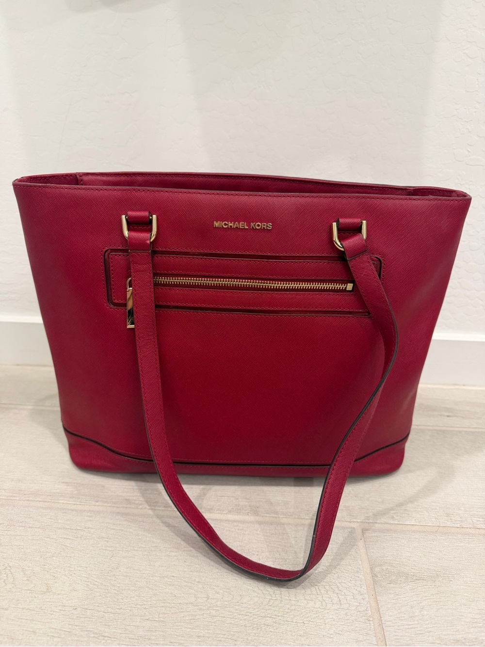Michael Kors Burgundy Saffiano Leather Tote with Gold Hardware